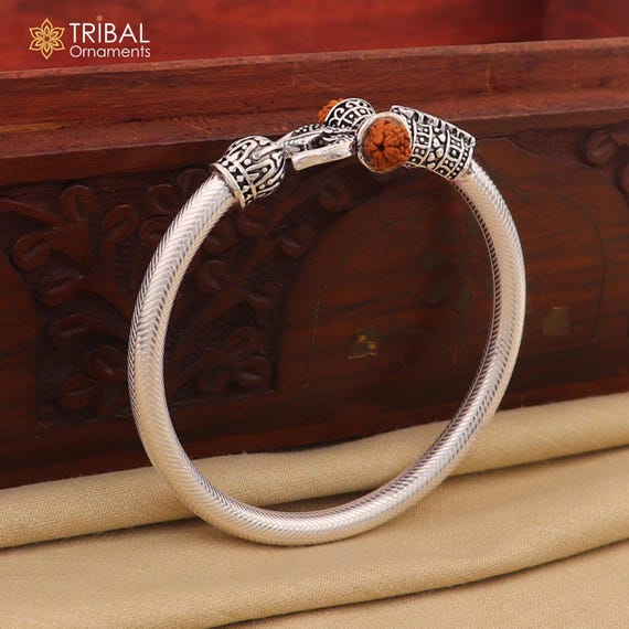 925 Sterling Silver Shiva Trishul and Mahadev Rudraksha Bangle