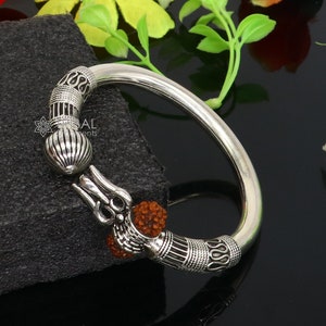 925 Sterling silver handmade plain shiny Lord Shiva trident Trishul Kada bangle bracelet with natural Rudraksha customized kada nsk764