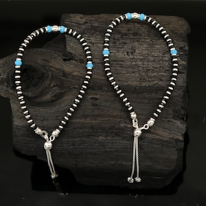 925 sterling silver handmade black and blue stone silver beads bracelet , pretty charm bracelet, customized beaded jewelry for girls sbr174