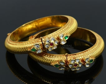 22kt yellow gold hallmarked bangle bracelet, amazing vintage kundan work ethnic brides wedding jewelry, best functional jewelry ba58