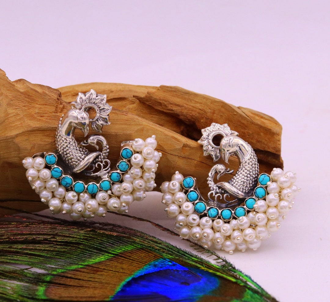 Peacock Turquoise Pearl Earrings 925 Sterling Silver Handmade