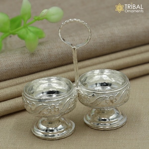 925 sterling silver flower design tilak combo mini bowl, tilak patra, puja utensils, temple article su1355
