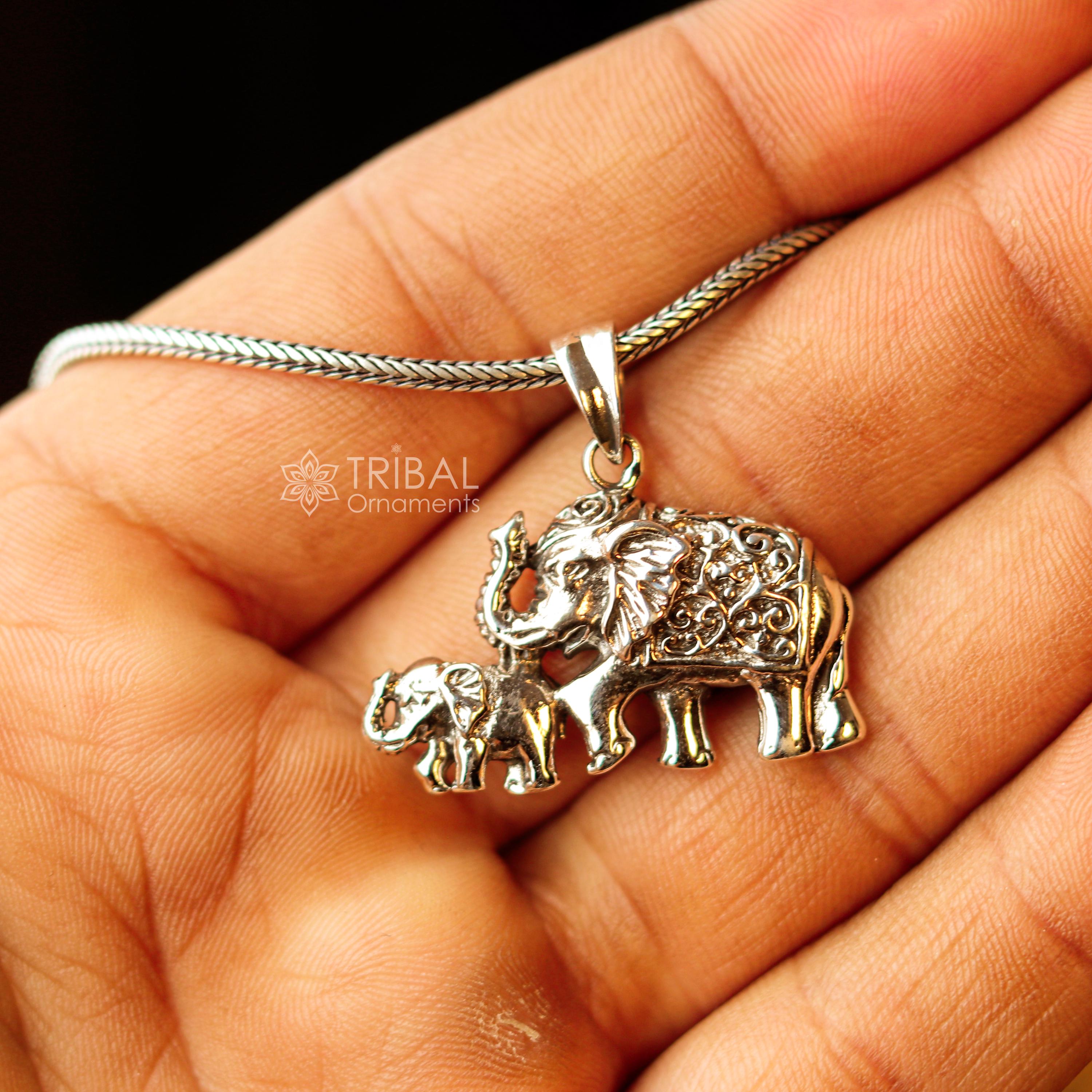 Collier Chaîne En Argent Massif 925 Avec Pendentif éléphant - Maille Art Nouveau, Occasion