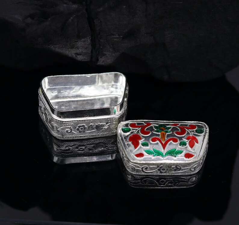 Enamel floral work 925 solid silver utensils trinket box silver utensils jewelry box container box vessels bridal gift stb60 casket box