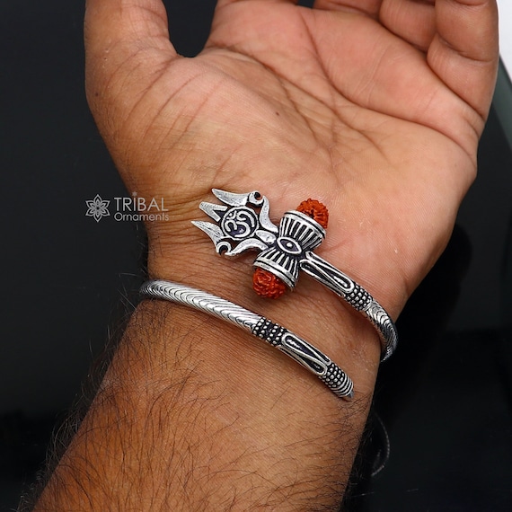 Buy 925 Sterling Silver Handmade Chitai Work Lord Shiva Trident Trishul  Kada Bangle Bracelet With Natural Rudraksha Customized Kada Nssk470 Online  in India - Etsy
