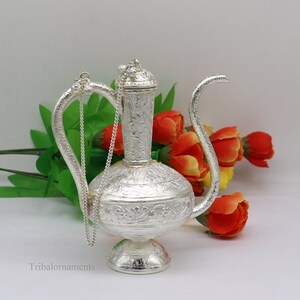 925 sterling silver customized designer Gangajal puja Surhai, silver utensils with Nozzles, Gangajali kalash jar , puja article su426