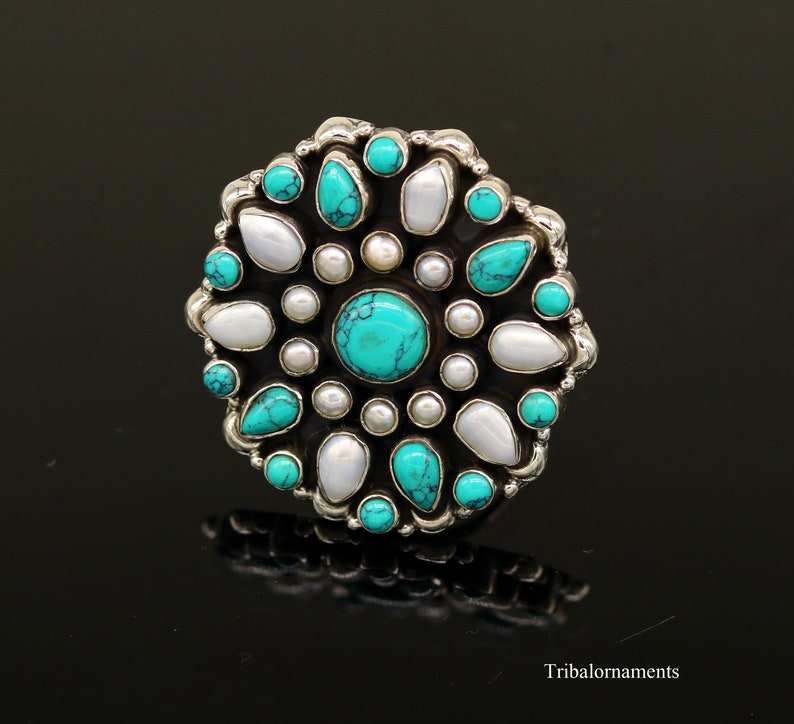 925 sterling silver handmade fabulous ring with gorgeous turquoise stone and pearl awesome adjustable customized ring unisex jewelry sr261