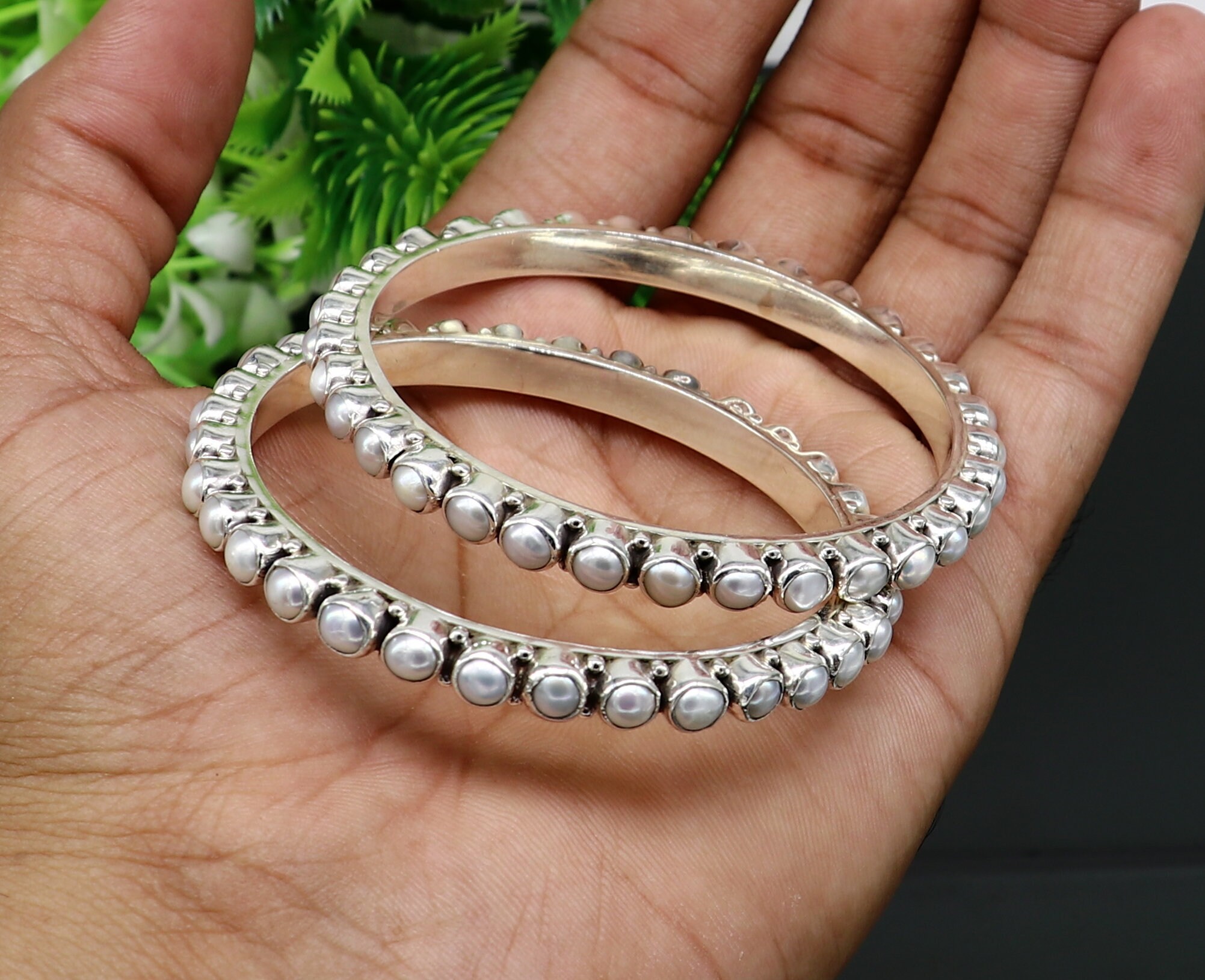 Excellent Designer 925 Sterling Silver Pearl Bangle Bracelet