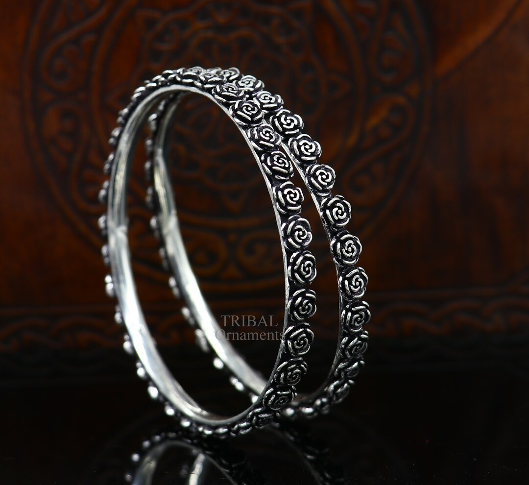 925 Sterling Silver Handcrafted Rose Flower Design Bangles