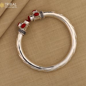 925 Sterling silver handcrafted customized bangle bracelet with red stone, gorgeous unisex bangle kada tribal jewelry  nsk909