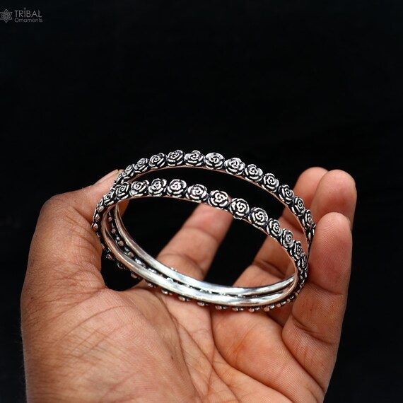 925 Sterling Silver Handmade Customized Flower Design Bangle Kada