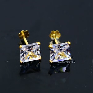 6mm OR 5 mm 18kt yellow gold handmade single cubic zircon stone square shape stud earring cartilage customized unisex jewelry er143