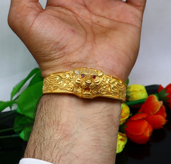 925 Sterling silver handmade excellent lion face solid cuff kada Gold polished bracelet amazing bracelet vintage style men s jewelry cuff147