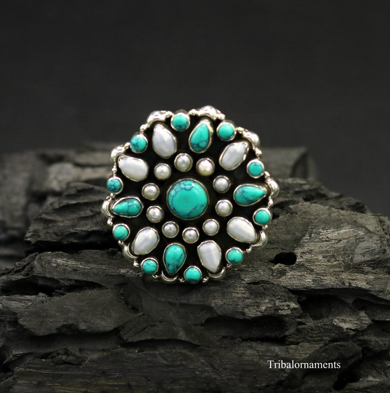 925 sterling silver handmade fabulous ring with gorgeous turquoise stone and pearl awesome adjustable customized ring unisex jewelry sr261
