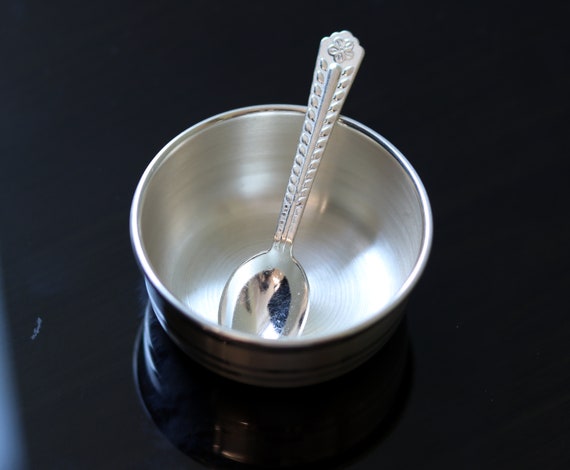 Solid Silver Exclusive Handcrafted Work Baby Bowl and Spoon 