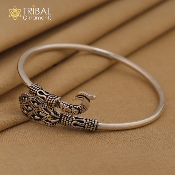 Peacock Style 925 Sterling Silver Handmade Bangle Bracelet, Easy