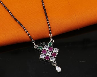 925 Sterling Silber schwarze Perlen Mangal Sutra Kettenhalskette, Einfache zierliche Anhänger, traditionelle Bräute Mangalsutra klobige Halskette ms11