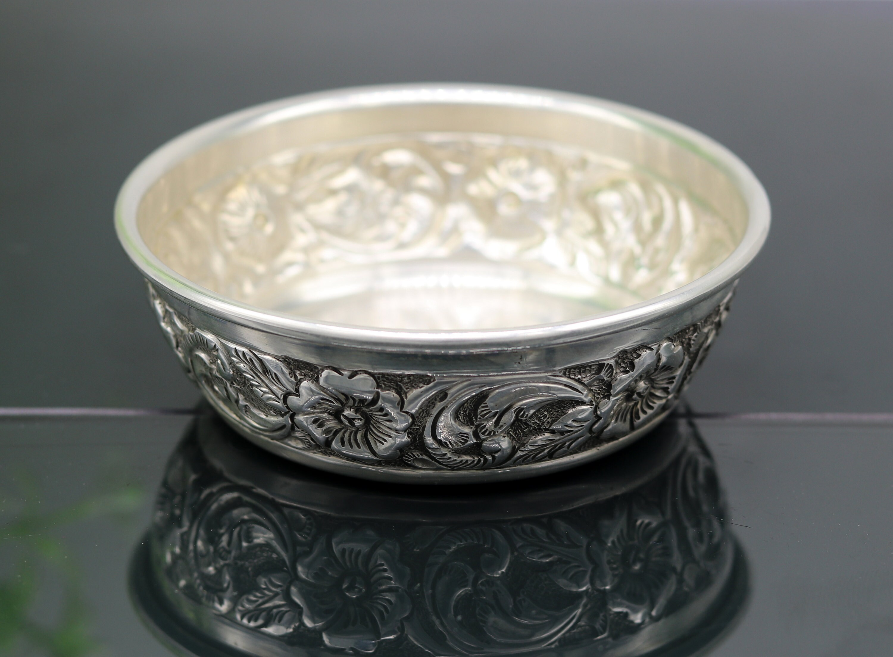 925 Sterling Silver Handcrafted Work Silver Bowl and Spoon, Silver