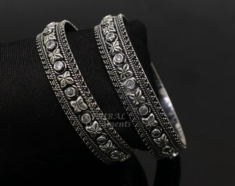 【HALEINE】 25SS/ANTIQUE SIVER&BLACK V BANGLE Antique African Ethnic Tribal Silver Pair of Ribbed Bangles