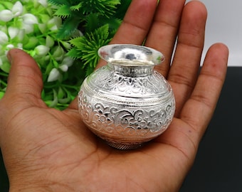 Solid sterling silver handmade plain small Kalash or pot, unique special silver puja article, water or milk shiva kalash pot india su347