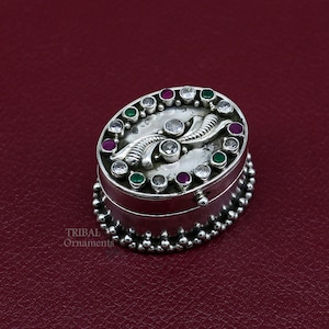 925 sterling silver unique design stone work trinket box, kajal eyeliner box, Sindur box brides gift silver box stb752