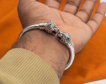 925 Sterling Silver Handmade Lion Face Design Plain Bangle