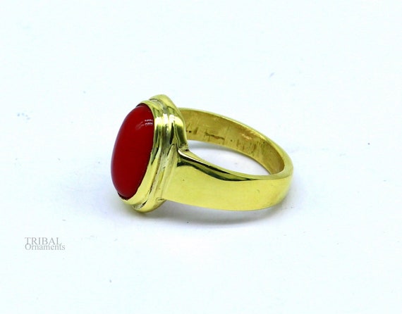 Triangular Red Coral Gold Ring (Design AC13) | GemPundit