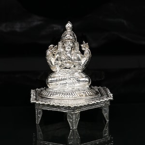 Lord Ganesha With Stand or Bazot, fabulous Sterling silver ganesha statue figurine for home temple diwali puja article utensils su376