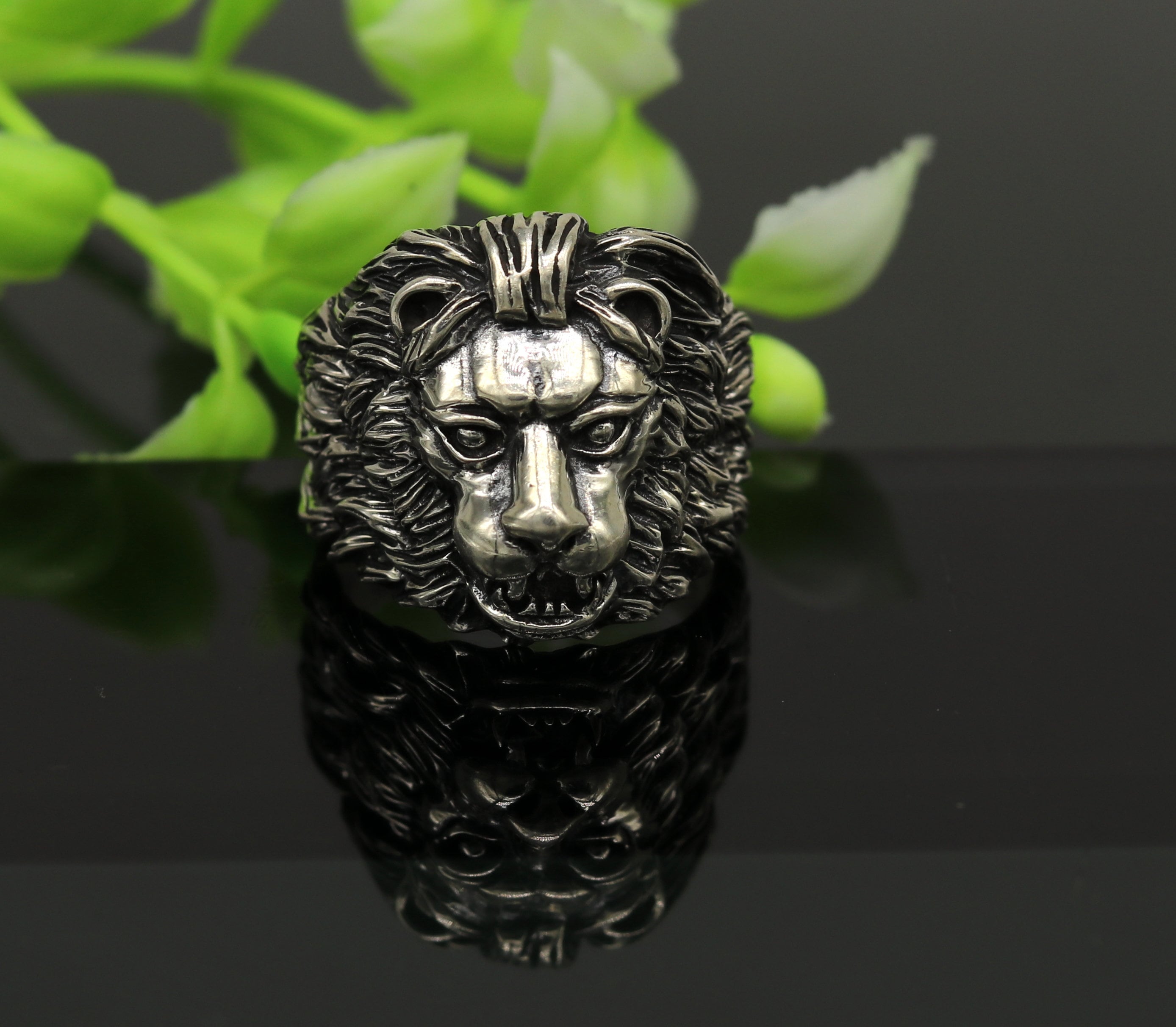 Mens Stainless Steel Lion Ring With Blue And White Cubic Zirconia