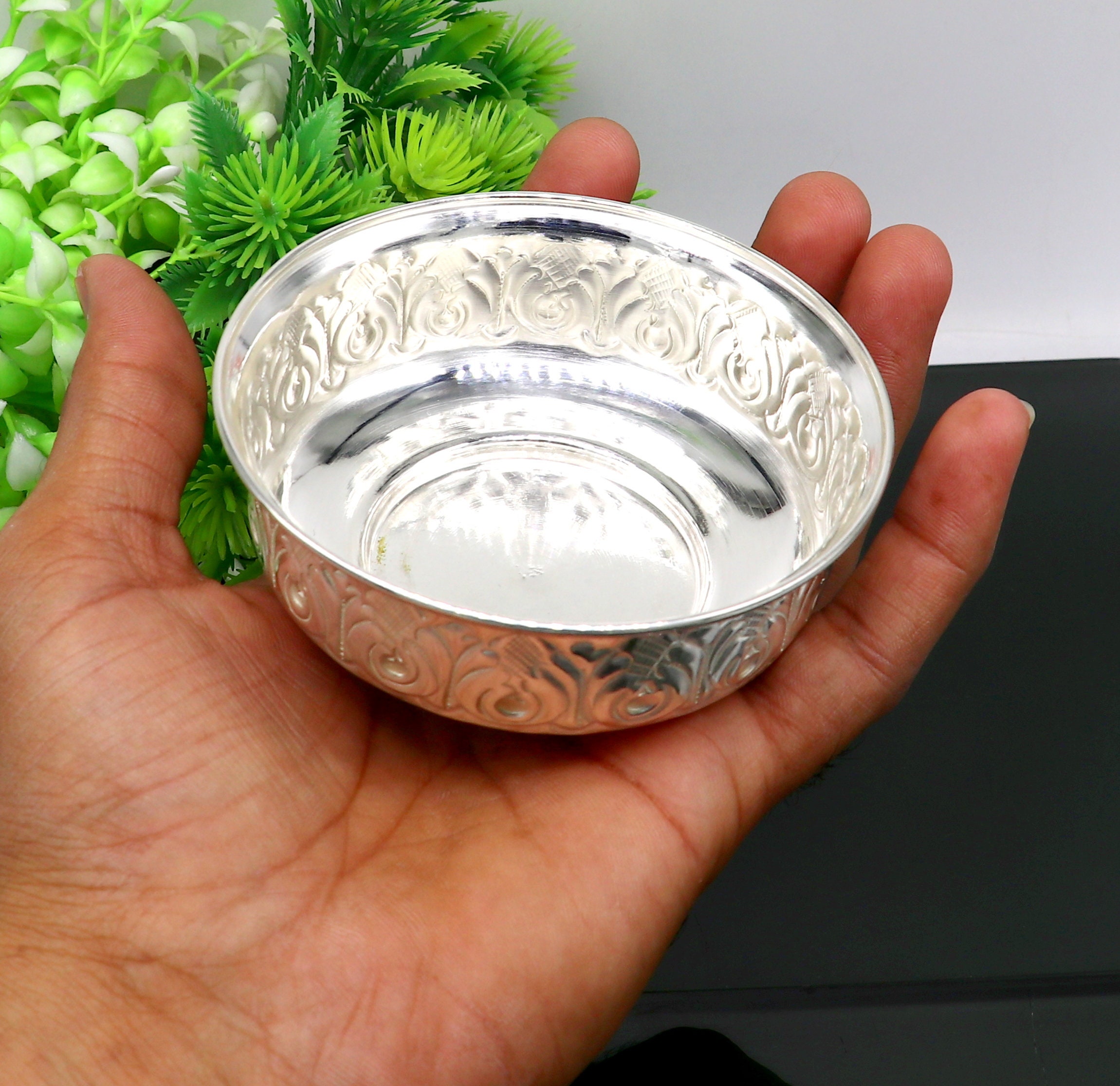 999 Fine Silver Handmade Kandrai Nakshi Work Bowl, Silver Puja