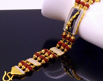 Genuine 22k yellow gold handmade top class natural rudraksha beads bracelet with fabulous tiger design men's jewelry