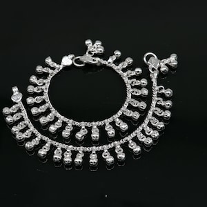 5&quot; long Vintage design sterling silver handmade amazing waved noisy hanging drops bells baby anklet, ankle bracelet, charm bracelet ank430