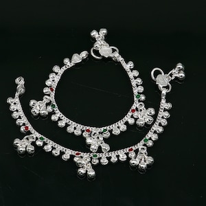 5.5&quot; long handmade Sterling silver amazing vintage style ankle bracelet new born baby anklet noisy sound bells charm anklets jewelry ank419