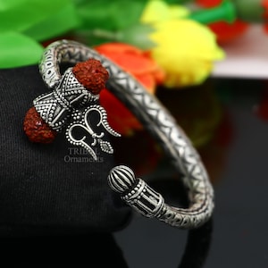 925 Sterling silver handmade chitai work Lord Shiva trident trishul kada bangle bracelet with natural Rudraksha customized kada nssk757