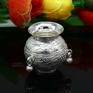 Exclusive 925 sterling silver handmade plain small Kalash or pot, unique special silver puja article, water or milk kalash pot india su705