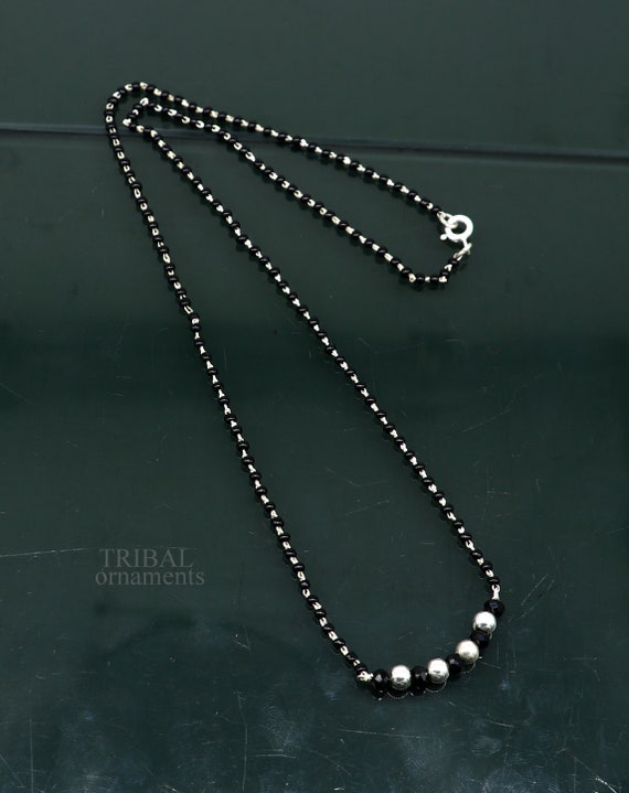Elegant 925 Sterling Silver Black Beads Chain Necklace