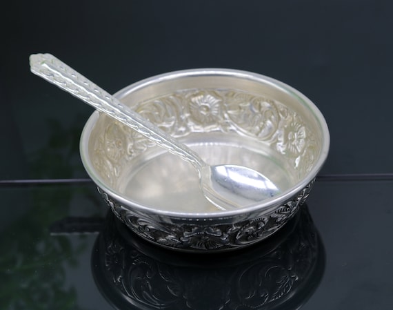 925 Sterling Silver Handcrafted Work Silver Bowl and Spoon, Silver