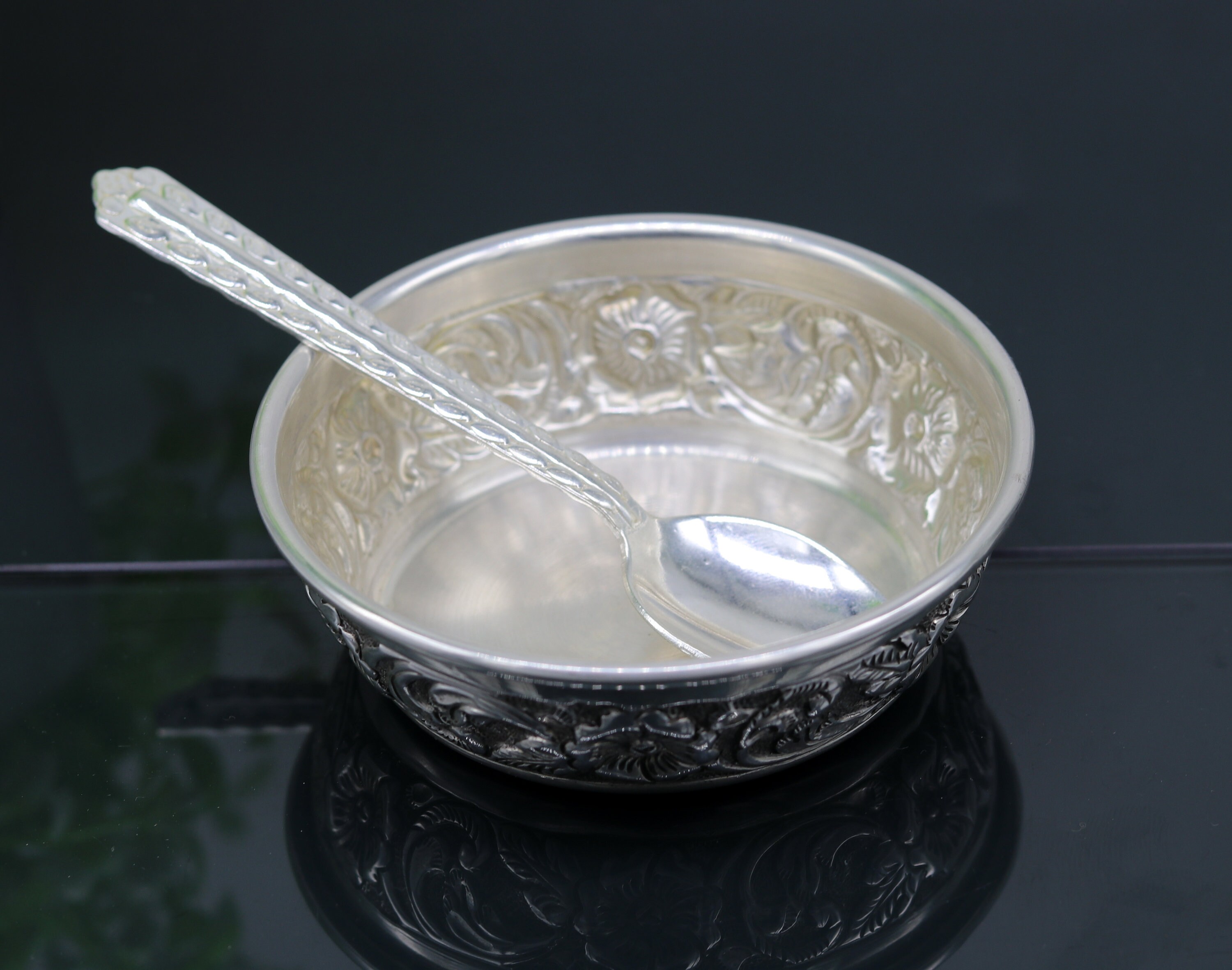 925 Sterling Silver Handcrafted Work Silver Bowl and Spoon, Silver