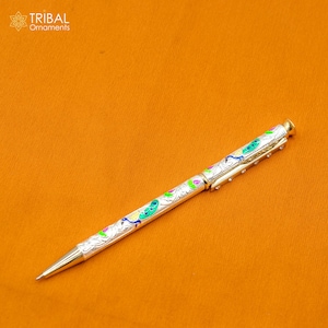 Caneta esferográfica de design exclusivo de pavão feita à mão em prata esterlina 925, melhor artigo de presente de prata da Índia art805