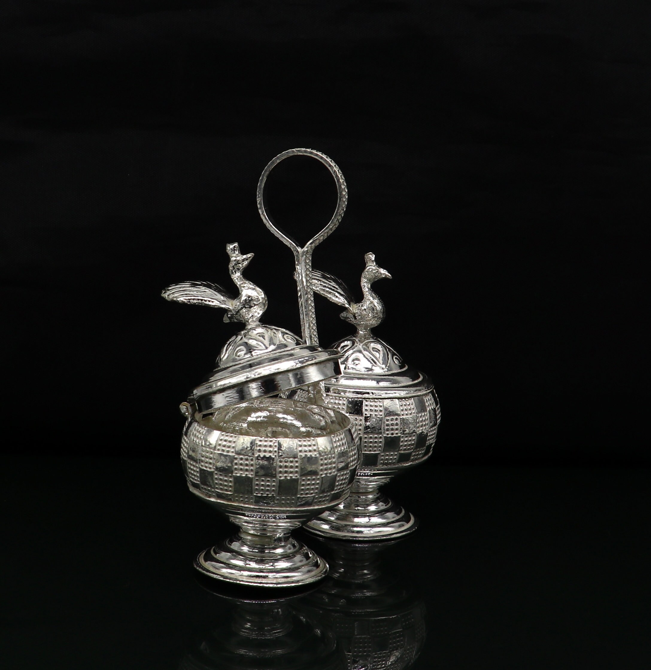 Vintage Sterling Silver Peacock Trinket Box, Excellent Kumkum