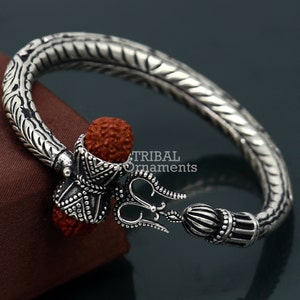 Divine Lord Shiva trident trishul trishool kada 925 Sterling silver handmade bangle bracelet with natural Rudraksha magical  kada nsk492