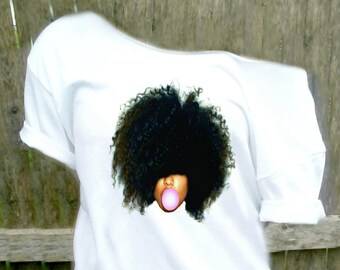Melanin Shirt, Black girl magic, Poppin shirt, Afro t-shirt, Graphic Tees, Natural hair, Flowy top, White Slouchy Off shoulder Plus size too