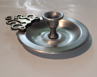 Vintage Brass Pewter Chamberstick Candle Holder Handle Retro Home Decor Accent Collectible Antique Farmhouse
