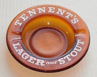 Amber Glass Ashtray - Tennent's Lager and Stout Ashtray 5.5" Diameter - Very Nice Vintage Condition