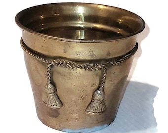 Vintage Brass Planter: Hammered Gold Patina, Rope Tassels