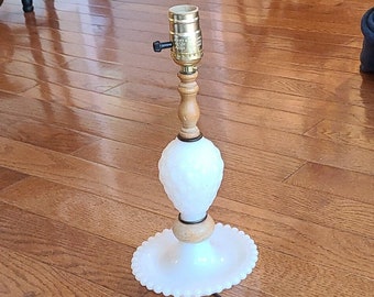Lamp - Milk Glass Table Lamp with Wood Accents in Very Nice Vintage Condition