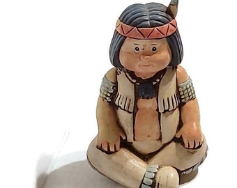 Vintage Filipino Ceramic Child Figurine: Retro Native American-Inspired Seated Boy Statue Collectible
