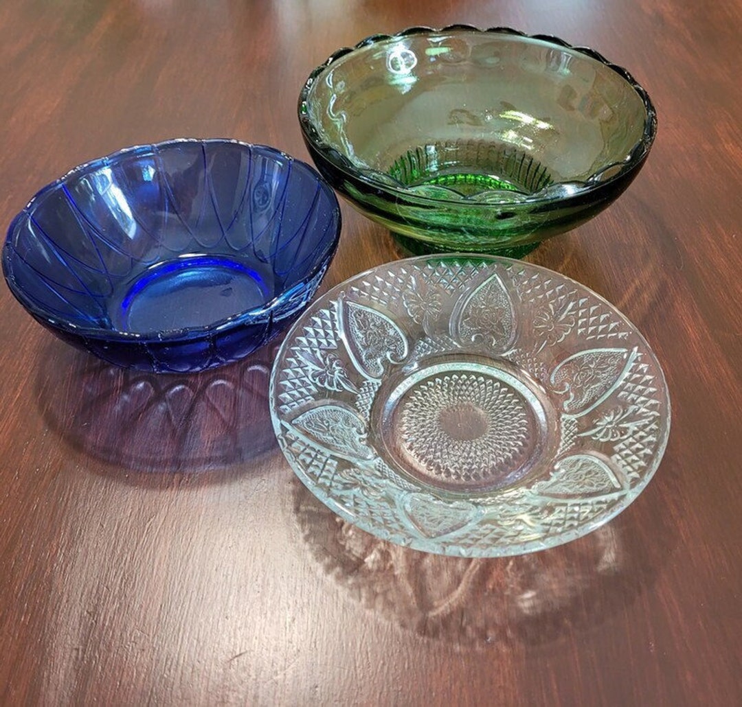 Mismatched Decorative Glass Serving Bowls, Set of 3, Green Blue Clear