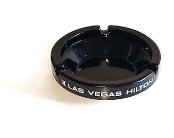 Vintage Las Vegas Hilton Black Glass Ashtray - Retro Casino Souvenir Collectible Trinket Tray