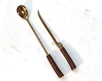 Cocktail Bar Spoon and Knife Set with Gold Tone Stainless Steel and Faux Antler Handles in Nice  Condition